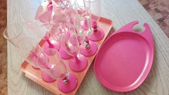 12 Yuppy Chef perspex champagne glasses on a pink tray with matching snack server