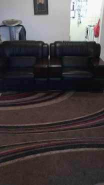 2 x loose chairs plus 3 seater set. Bulky and big. With wood on sides. No need for coffee table.