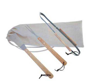 3 piece braai set in a white bag with straps