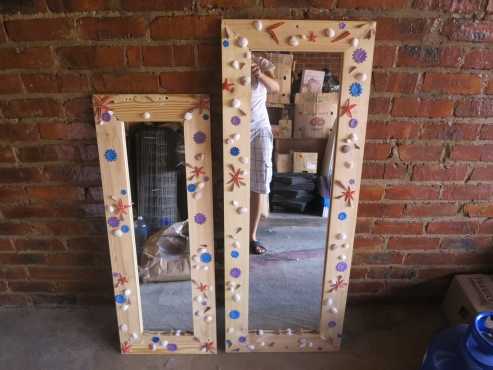 3 Self-made mirrors with wooden frame and sea shell decoration