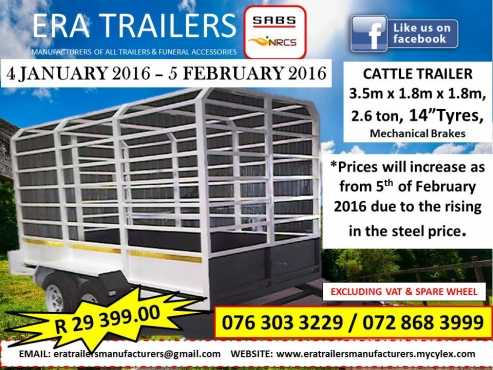 3.5m Cattle Trailer 2.6ton Double Axle Newly Built R 29399.00 SABS Approved