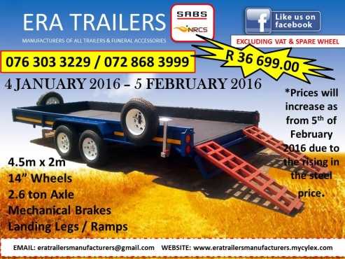 4.5m Bobcat Trailer 2.6ton Mechanical Brakes Newly Built SABS Approved R 36699.00