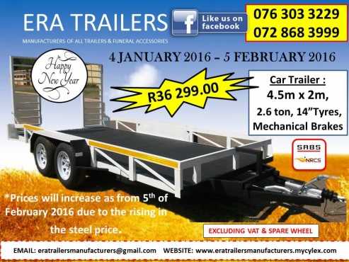 4.5m Car Trailer 2.6ton Double axle Newly Built SABS Approved R36299.00