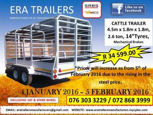 4.5m Cattle Trailer 2.6ton Double axle R 34599.00