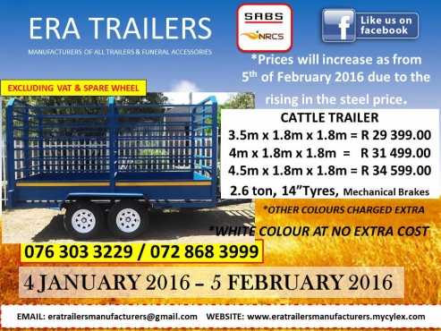 4m Cattle Trailer 2.6ton Double Axle R31499.00 Newly Bult