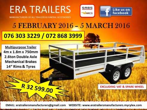 4m Double axle 2.6ton Multipurpose Trailer Newly Built R32599.00