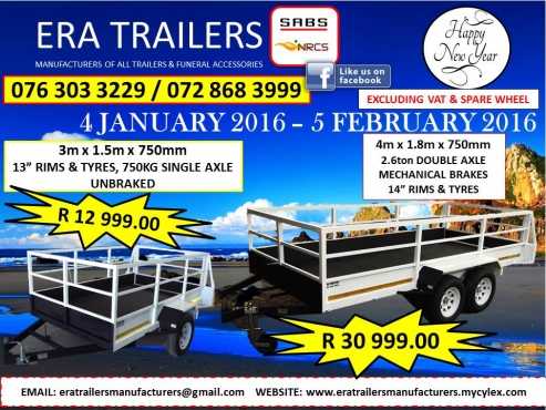 4m Multipurpose Double Axle Braked Trailer 2.6ton special R30999.00