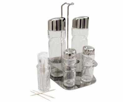 6 PIECE STAINLESS STEEL AND GLASS CRUET SET