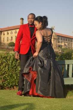 A Black one shoulder matric dance or evening gown.