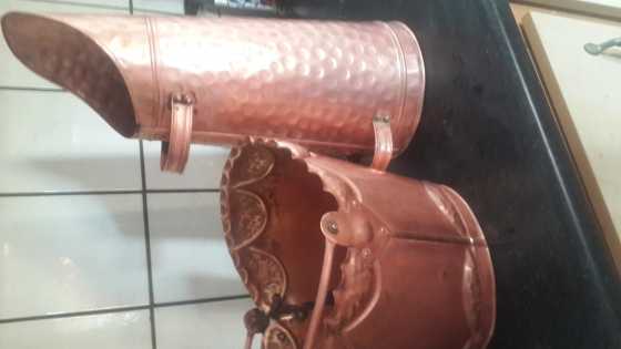 Antique copper coal scuttle and bucket