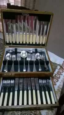 Antique Cutlery set in wooden box,parker pen set,Saie Marais jug,marble clock,porcelain jug