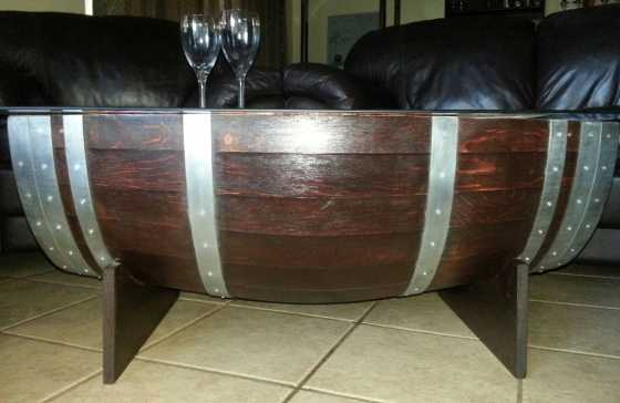 Beautiful Oak Wine Barrel Coffee Table with Glass Top for sale