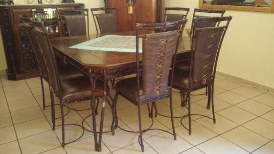 Beautiful square solid Imbuia wood, steel and leather dining room set