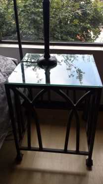 Beautiful wrought iron 34 bed, mattress and glass top side table