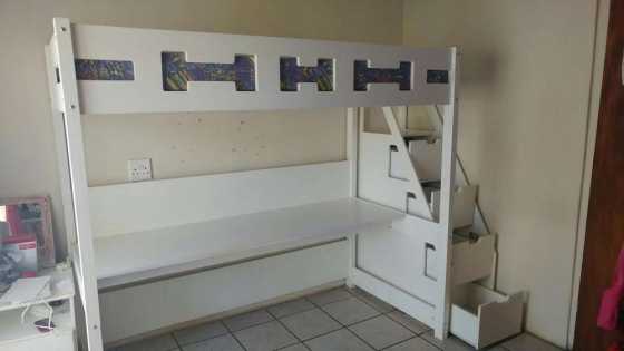 Bed and study combo with storage ladder and matress.