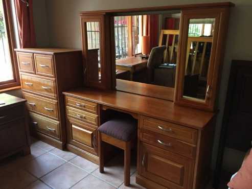 BEDROOM SUITE. SOLID CHERRY WOOD BEDROOM SUITE EXCL HEADBOARD. PEDESTALS x 2, TALLBOY amp DRESSER