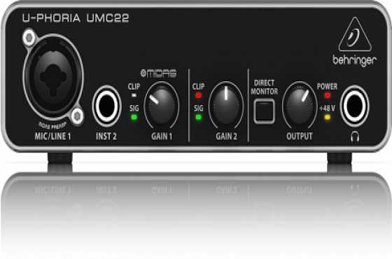 BEHRINGER UMC22 2X2 USB AUDIO INTERFACE WITH MIDAS MIC PREAMP.