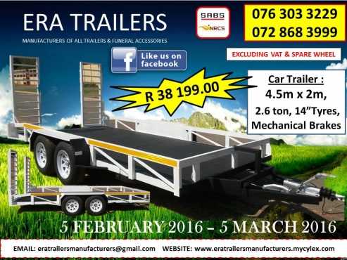 Car Trailer 4.5m 2.6ton Newly built SABS Approved R 38199.00