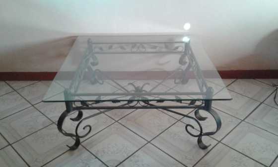 Coffee table, laquered steel base, glass top