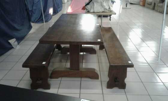 DINING ROOM SUITE. SOLID IMBUIA DINING TABLE WITH 2 x SOLID BENCHES