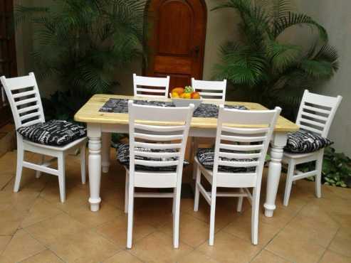 DININGROOM SUITE. DINING ROOM TABLE (White with wood top) WITH x 6 CHAIRS