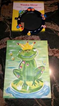 Frog canvas painting and wooden framed mirror