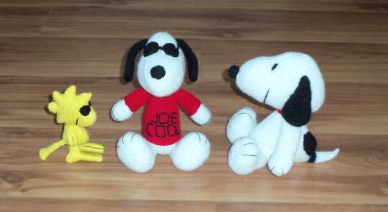 Hand knitted Snoopy, Woodstock, and Joe Cool