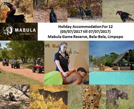 Holiday Accommodation For 12 (03072017 till 070702017) Mabula Game Reserve, Bela-Bela, Limpopo