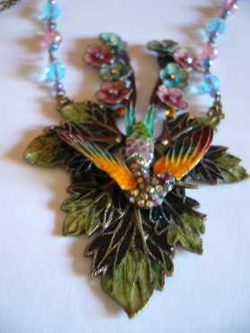 Honey Jewellery  Bejewelled Bird on Grape Leaf Necklace