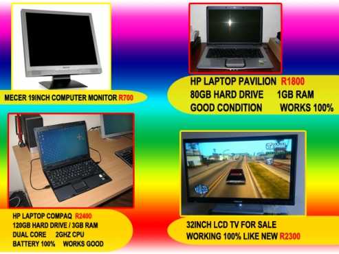 Hp laptops, 32inch LCD TV amp 19inch Monitor for sale