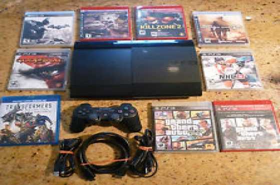 In box, Like new, Superslimline Playstation 3 500gb with 10 Original Games amp 2 Controllers...