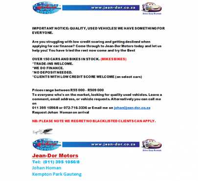 JEAN - DOR - MOTORS - WE  HAVE  UP  TO150  CARS  AND  BAKKIES  FOR  SALE