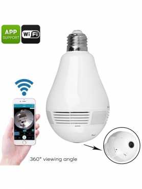 LED Light Bulb Security Camera - 360-Degree Fisheye, Motion Detection, WiFi, App, SD Card Recording,