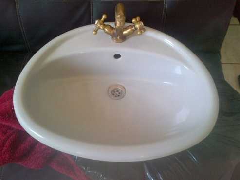 Light Grey Porcelain Basin with Brass Taps and flexi pipes