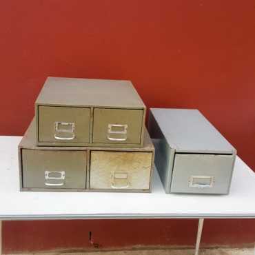 Mini vintage steel filing cabinets x3, good working condition, very quaint, some blemishes