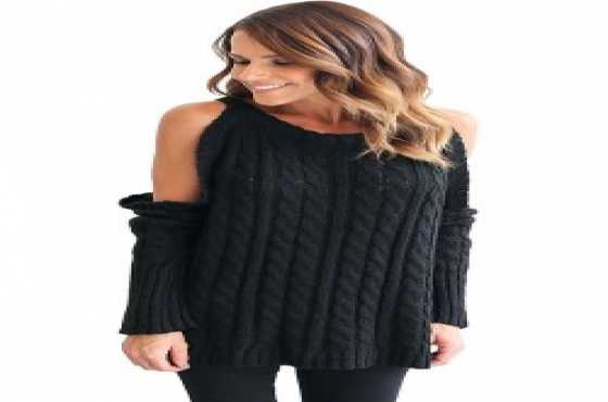 Open Shoulder Grey Knit Sweater ( colors black and grey)