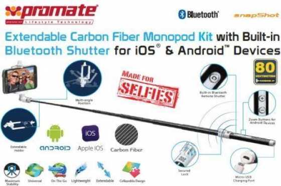 Promate Snapshot Extendable Monopod Kit with Built-in Bluetooth Shutter For iOS amp Android devices