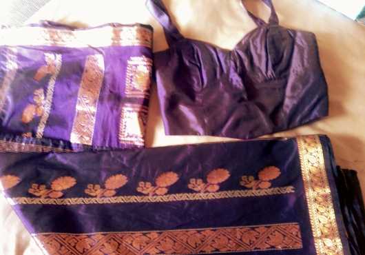 Purple and Gold Sari with fitted sleeveless bodice