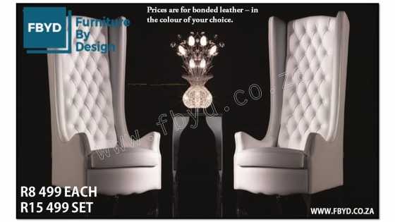 R8 499 for a his and hers highback wingback set. Manufactured in bonded leather.