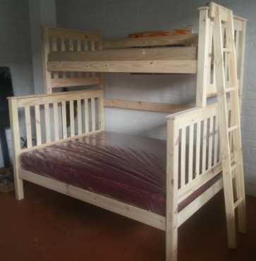 Rachel tri bunk bed in raw pine wood