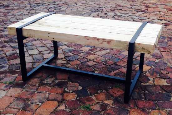 Reclaimed steel and wood coffee table.