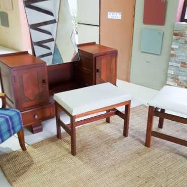 Rectangular retro dresser bench, sturdy solid timber frame, some blemishes on upholstery