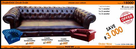 (S) NEW Chesterfield Couch Suite in Bonded LeatherR15000.