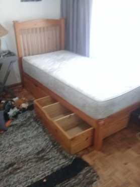 Single pine bed with headboard  mattress  2 storage units