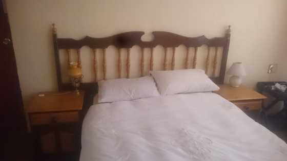 Solid imbuia and yellow wood headboard and dresser