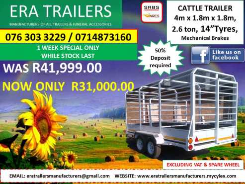 SPECIAL ON OUR 4M CATTLE TRAILER THIS WEEK ONLY..  SABS APPROVED