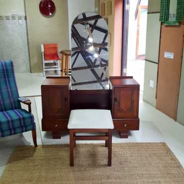 Square retro dresser stool, sturdy solid timber frame, few blemishes on upholstery