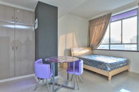 Stylish 1bachelor flat, fully furnished with bed, cupboards, shower and toilet fitted kitchen t