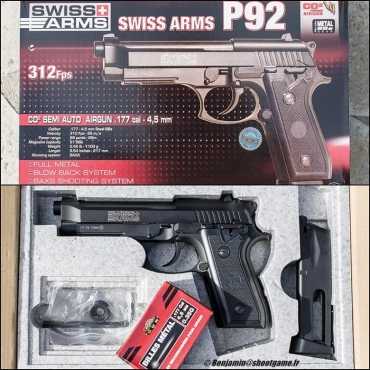 Swiss Arms P92 CO2 pistol 20rd BB mag Semiauto Fixed front and rear sights Textured grip panels Blow