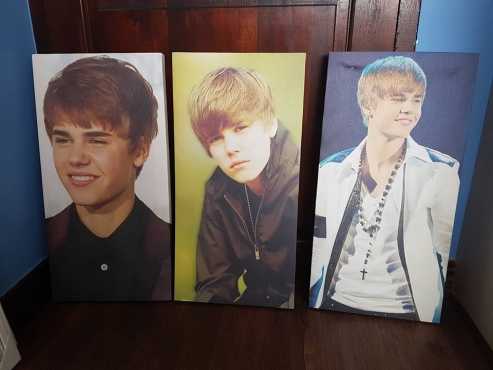 Three Justin Bieber canvas portraits for sale